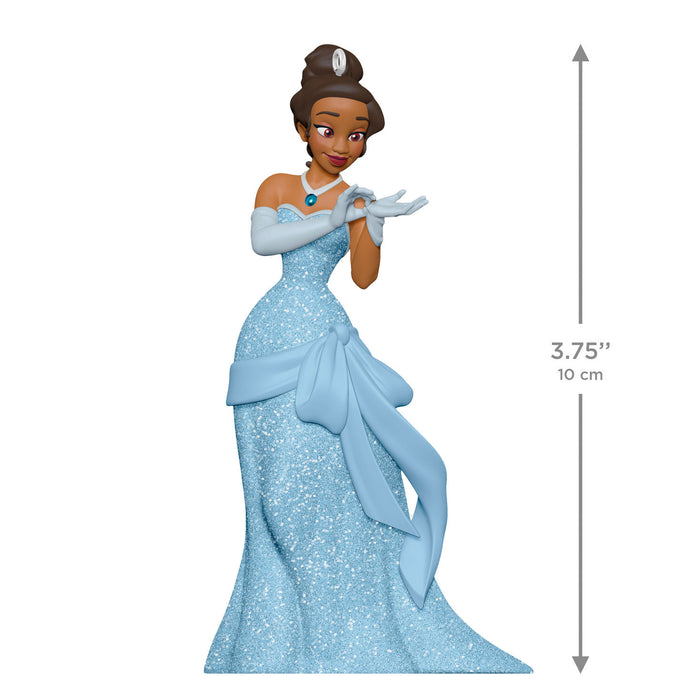 Animated character in a blue gown with dimensions indicated on a white background