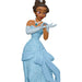 Animated character in a blue dress with gloves on a white background