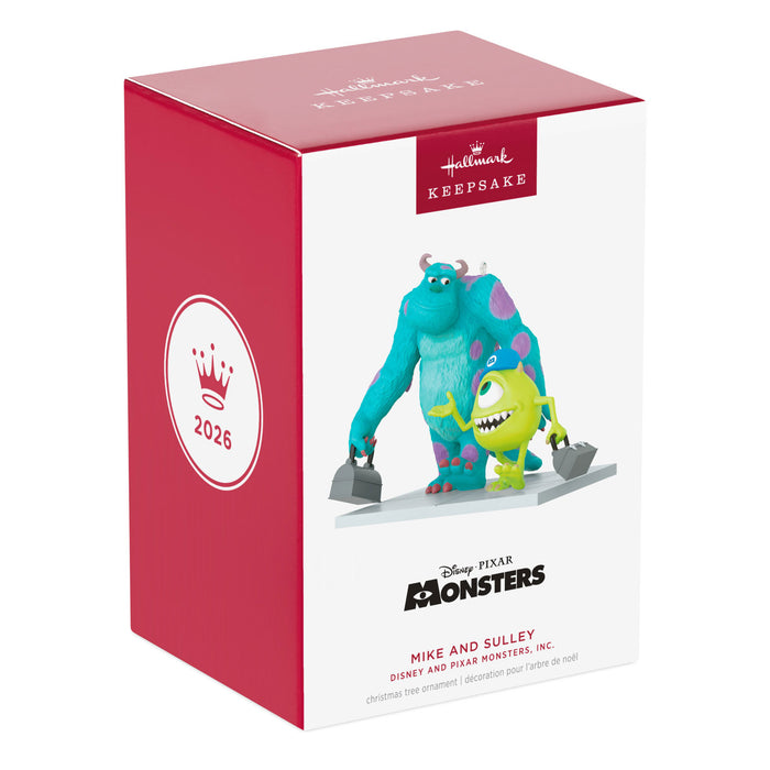 Hallmark Christmas ornament packaging featuring Mike and Sulley from Disney Pixar's Monsters Inc.