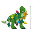 Toy dinosaur with Christmas lights and decorations, including a star, on a white background.