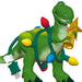 Toy dinosaur with Christmas lights and decorations on a white background