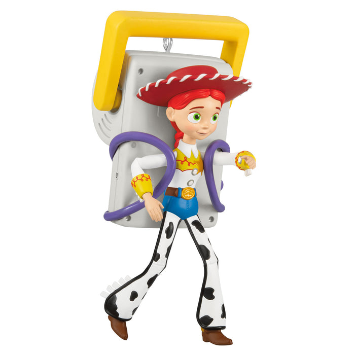 Toy figure of a character with a red cowgirl hat carrying a figure on its back on a white background
