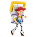 Toy figure of a character with a red cowgirl hat carrying a figure on its back on a white background