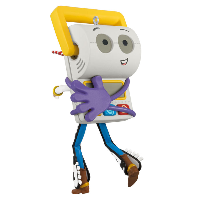 Toy figure of a character with a yellow bar and purple gloves on a white background