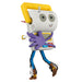 Toy figure of a character with a yellow bar and purple gloves on a white background