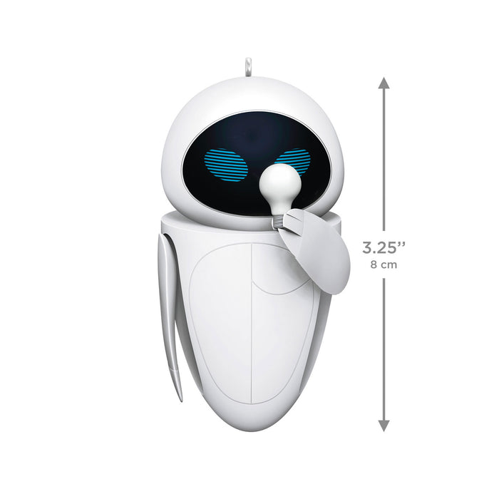 White robot with blue eyes and measurement details on a white background