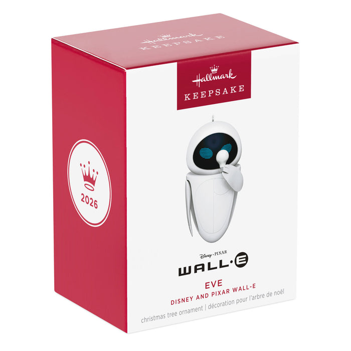Hallmark Keepsake Christmas ornament packaging featuring Wall-E and Eve from Disney and Pixar.
