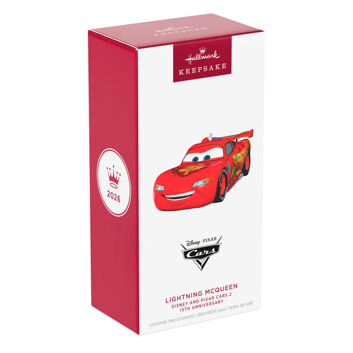 Hallmark Keepsake Christmas ornament packaging featuring Lightning McQueen from Disney Pixar Cars 2 on a white background.