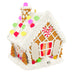 Decorative gingerbread house ornament with colorful icing on a white background
