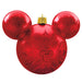 Red ornament shaped like a mouse head with snowflake patterns on a white background