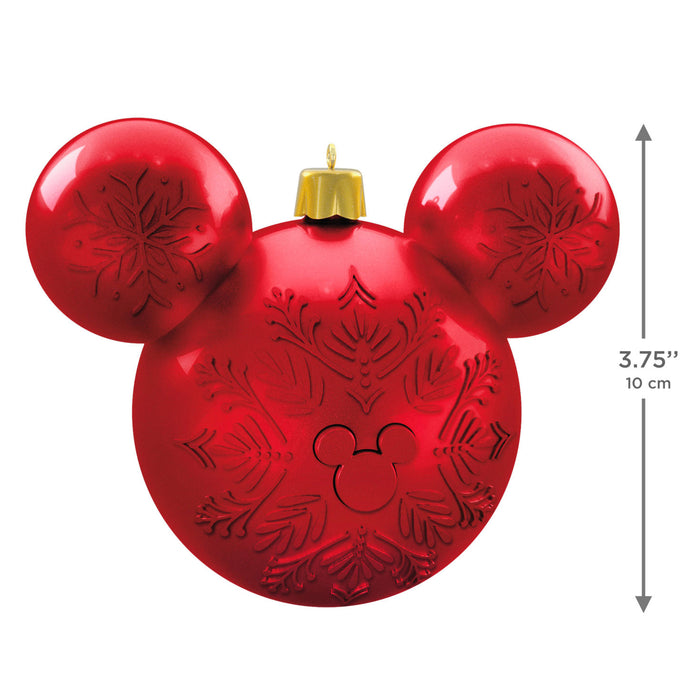Red ornament with Mickey Mouse ears and snowflake design, showing size measurement on a white background