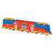 Model train engine with red, blue, and gold colors on a white background
