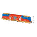 Model train with red, blue, and gold colors on a white background
