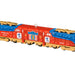 Toy train with red, blue, and yellow colors on a white background