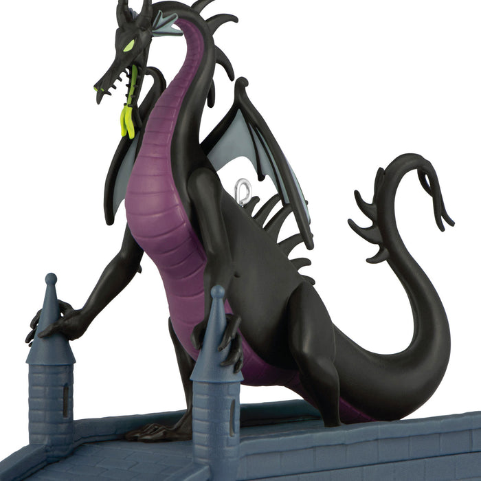 Black dragon with purple accents on a castle wall