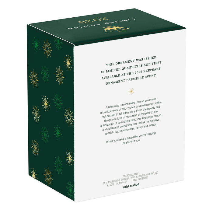 Green and white box with gold snowflake patterns and text on a white background