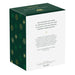 Green and white box with gold snowflake patterns and text on a white background