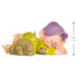 Sleeping dwarf figurine with purple hat and green outfit, size indicated on a white background