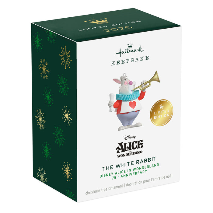 Hallmark Keepsake Christmas ornament packaging featuring the White Rabbit from Alice in Wonderland.