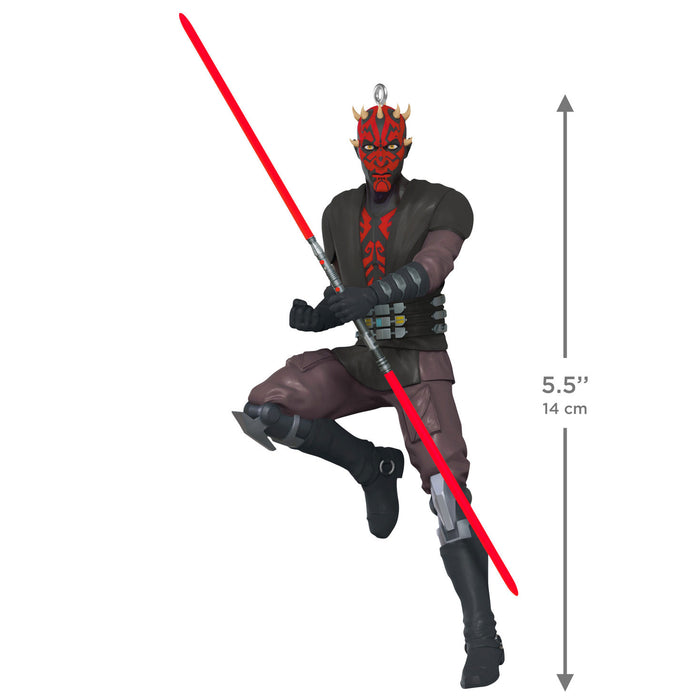 Action figure with a red lightsaber, standing on a white background with dimensions indicated.