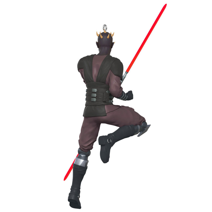 Character in dark costume with red lightsaber on a white background