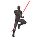 Character in dark costume with red lightsaber on a white background