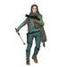 Action figure in a green and brown outfit holding weapons on a white background