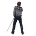 Person wearing a patterned hoodie and dark jeans holding a cane on a white background