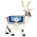 Decorative reindeer figure with a blue saddle and white snowflake decorations on a white background