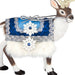 Decorative reindeer figure with a blue and silver saddle on a white background