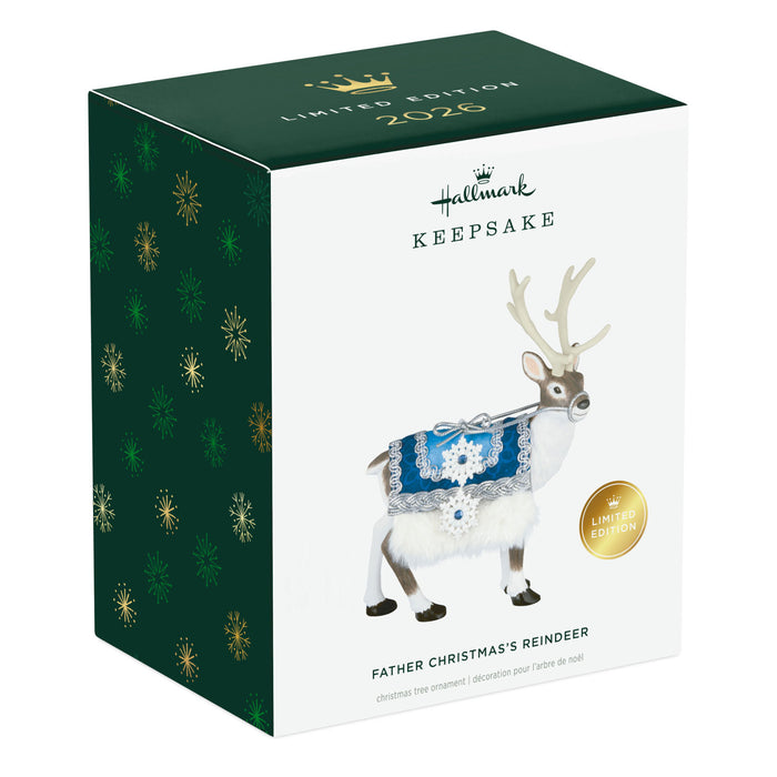 Hallmark Keepsake ornament packaging with reindeer design on a green and white box.