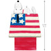 Snoopy figurine on an American flag doghouse with dimensions indicated