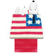Snoopy sitting on a wooden doghouse with an American flag design on a white background
