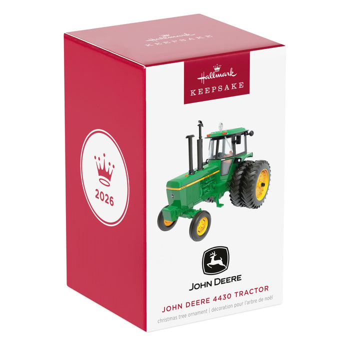 John Deere tractor ornament packaging with red and white design