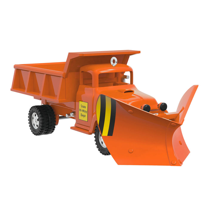 Orange toy dump truck with a yellow license plate on a white background