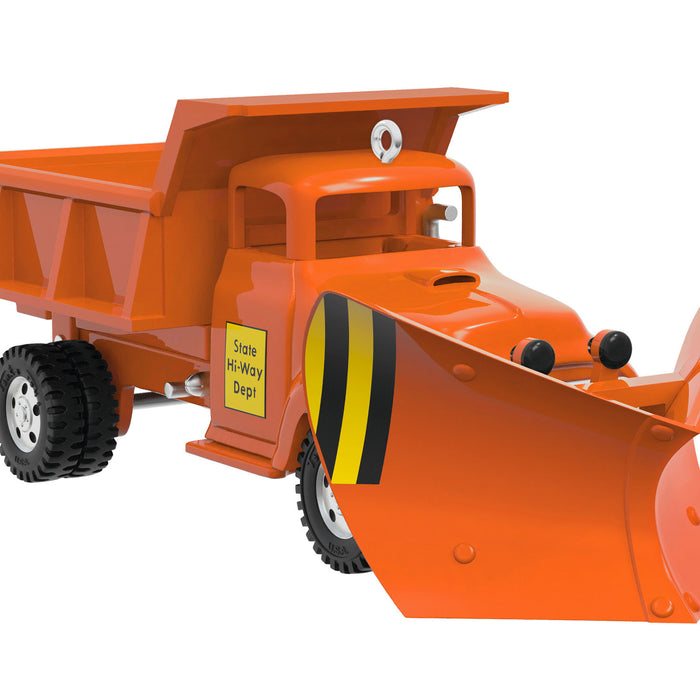 Orange snowplow truck with a yellow license plate on a white background