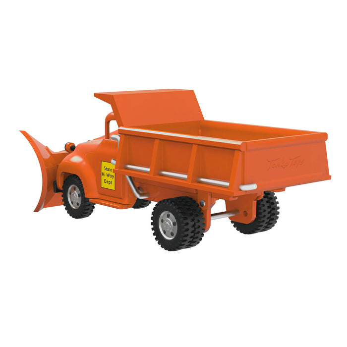 Orange toy dump truck on a white background