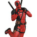 Deadpool character in red and black costume with a white background