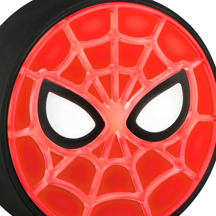 Close-up of a Spider-Man mask with red web pattern and black and white eyes on a white background