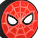 Close-up of a Spider-Man mask with red web pattern and black and white eyes on a white background