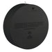 Black circular device with text on a white background