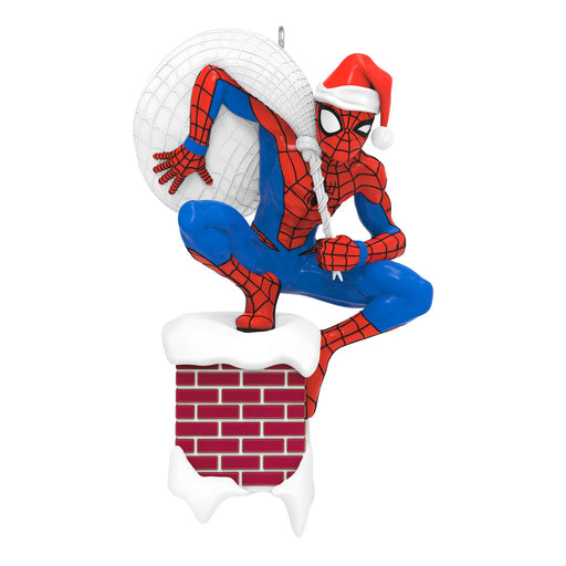 Spider-Man Christmas ornament climbing a red brick chimney on a white background