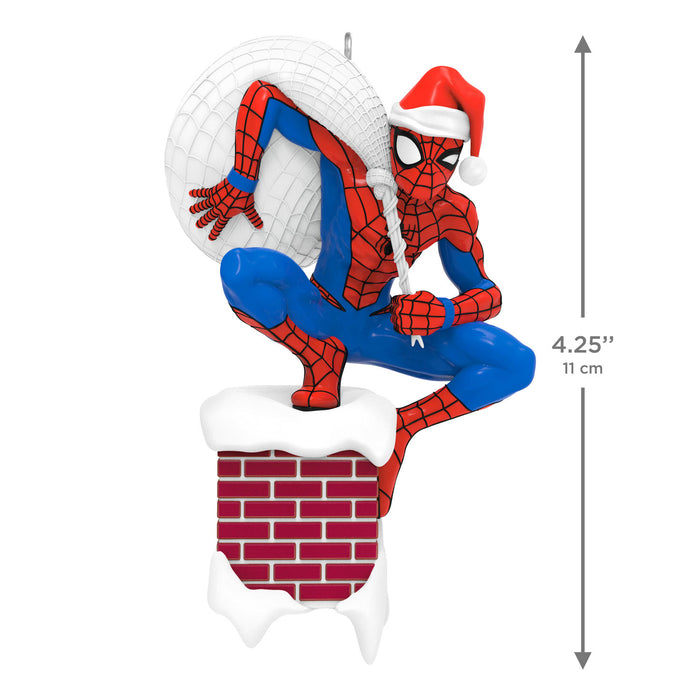 Spider-Man Christmas ornament climbing a chimney with dimensions indicated.