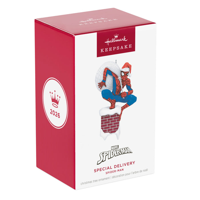 Hallmark Spider-Man Christmas ornament packaging on a white background