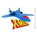 Blue toy spaceship with X-Men logo and size measurement on a white background