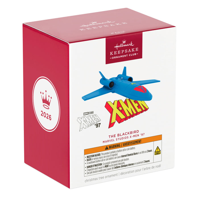 Box for a Marvel X-Men Christmas ornament featuring a blue airplane.