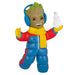 Toy figure of a character in a blue snowsuit with a snowball, on a white background