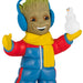 Toy figure of a character in colorful winter clothing holding a snowman.