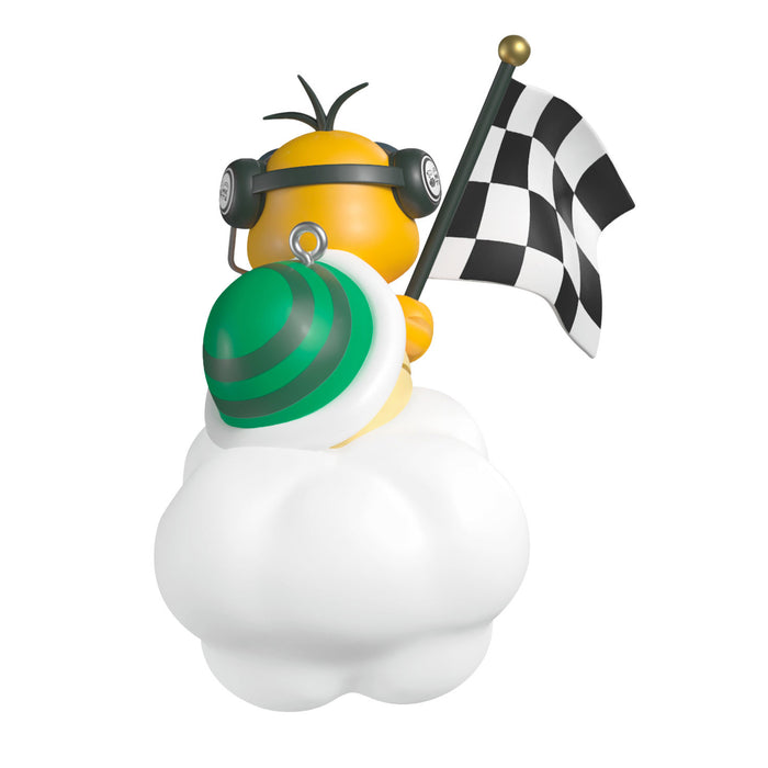 Toy figure of a character with a checkered flag and green object on a white background
