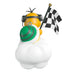 Toy figure of a character with a checkered flag and green object on a white background